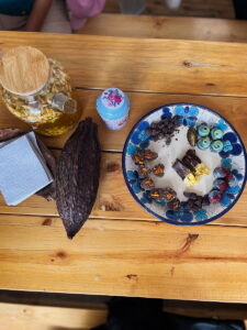 Tea, cacao bean, and chocolate at the Cacao Museum